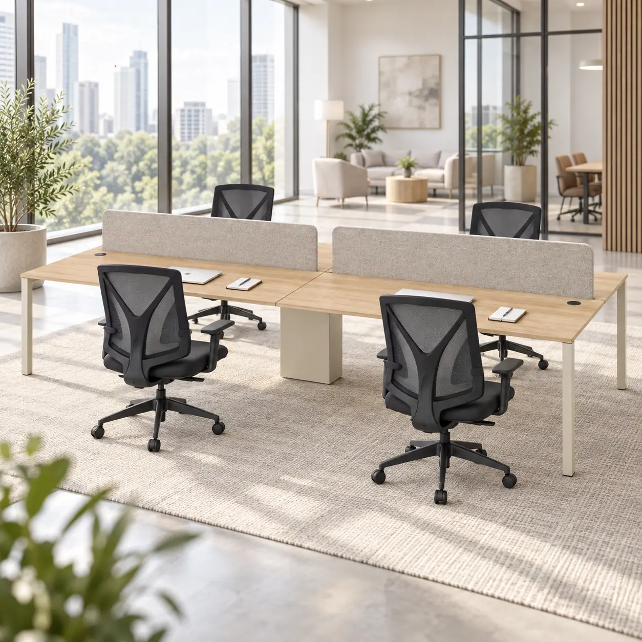 4’lü Workstation Ofis Paketi – Ahşap Görünümlü Vega Masa ve Bella Koltuk
